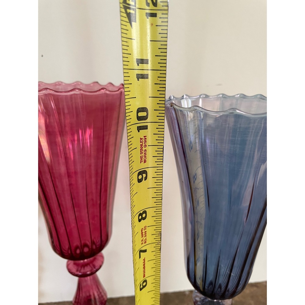 6 Handblown Venetian Murano Glass Iridescent Ribbed Champagne Flutes Multicolor - Picture 7 of 16